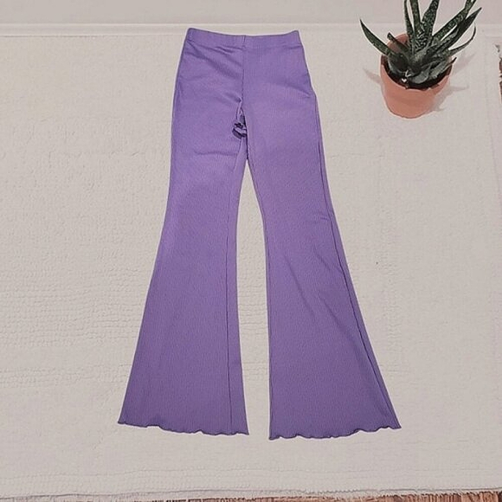 Cute Retro Hippy Lavender Flare Rib-knit Pants- Lettuce Trim